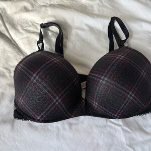NWOT Sexy Tee Shimmer Plaid Black and Red Mesh Lace up Wireless Bra 36DD